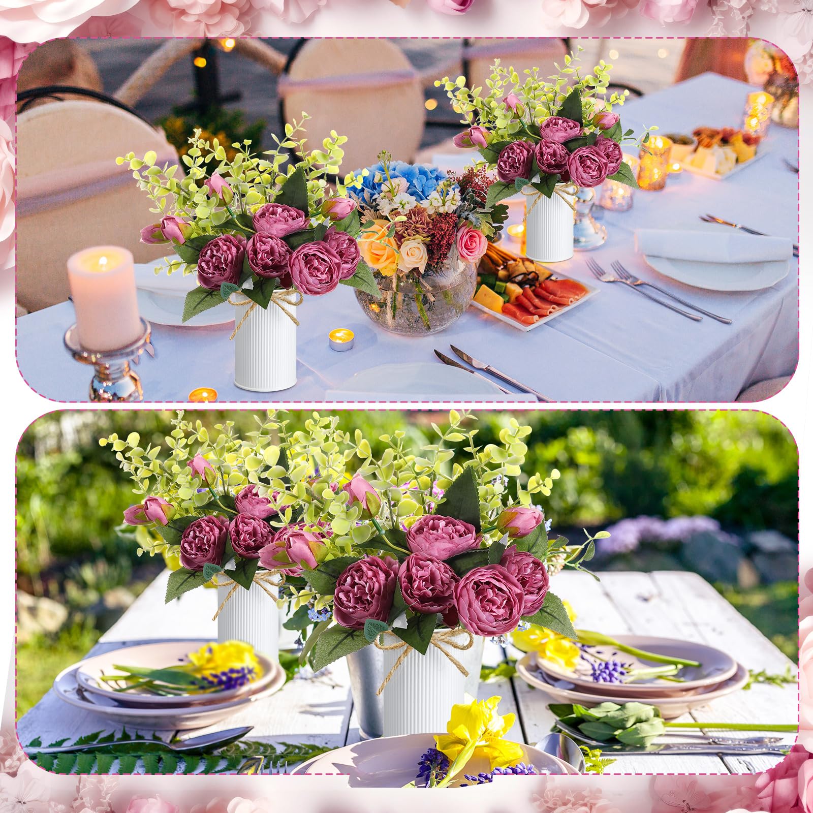 6 Sets künstliche Pfingstrosen, 6 künstliche Pfingstrosen mit Vase, 6 künstliche Eukalyptus, Kunstseide, Pfingstrosen, Blumenstrauß, Frühlingsblumen für Dekoration, Hochzeit, Party, Zuhause,