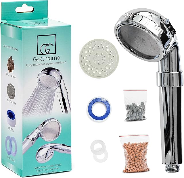 Filter Shower Head - Handheld Shower Head - Water Saving - Three Stage Filter - Chrome Finish - Ionic Mineral Balls - Spa Like Shower Experience - Standard Showerhead