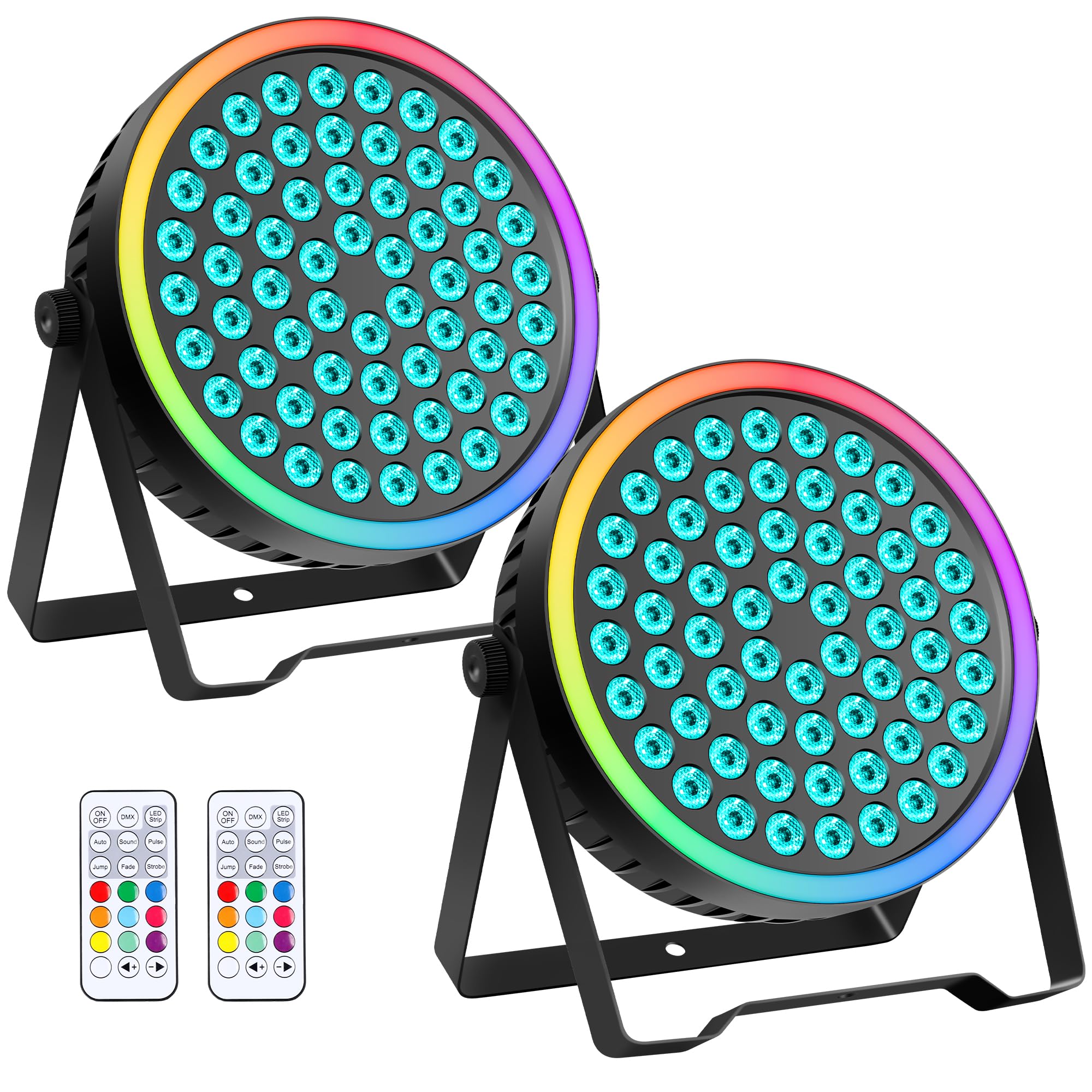 Photo 1 of Sklydron 90W RGB Stage Par Lights with Ambient Light Strip - Dual Layer Halo Effect, DMX512 & Sound Activation, 60 LEDs Uplight for Wedding Party DJ Church Concert Indoor (2 Pack)