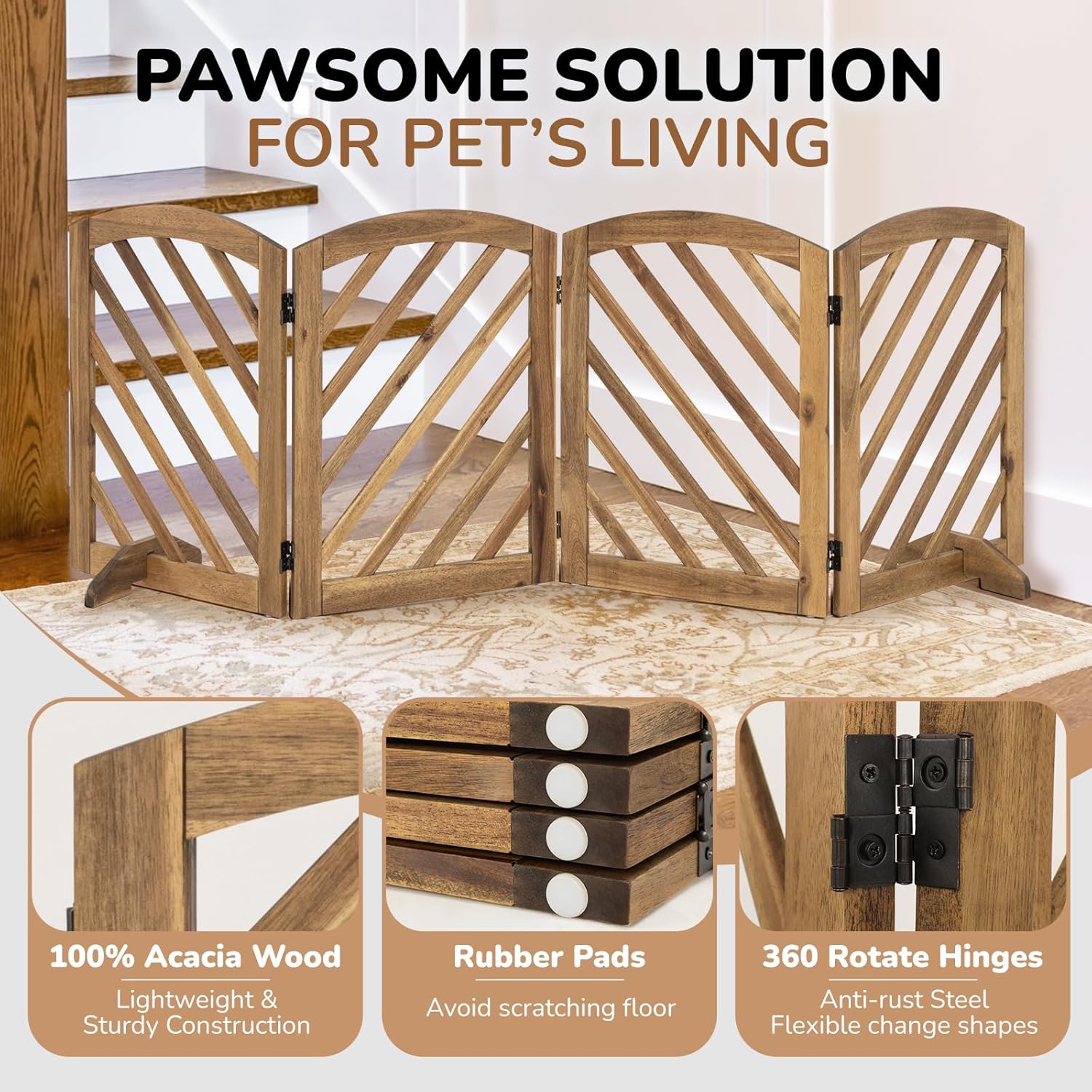 dCee Acacia Wood Dog Gate Indoor, Freestanding Foldable Pet Gate, Adjustable Width, 24 Inch Height, Sturdy & Portable Design for Indoor Doorways & Hallways, Easy Assembly, Ebony Finish