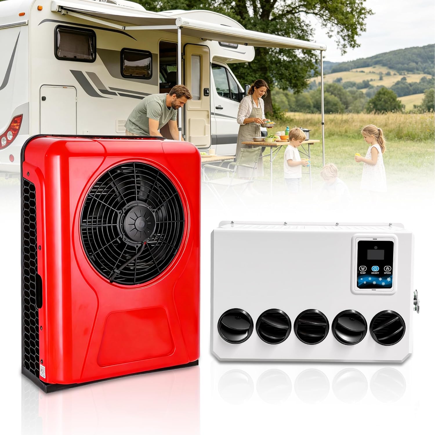 Treeligo 12V 12000 BTU Universal RV Air Conditioner – Ultimate Fast Cooling for Motorhomes, Trucks, Buses & Campers-Ultra Quiet 45 dB Operation & Fast Cooling,Red