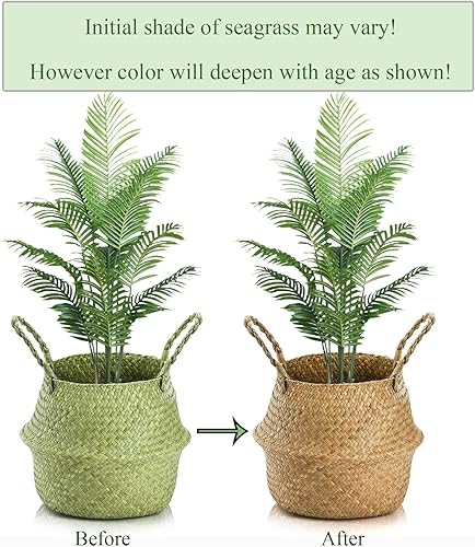 Miniatura 4 de Yesland Paquete de 2 cestas tejidas de hierba marina con asas, ideal para almacenamiento de macetas, lavandería, picnic, cubierta de maceta, bolsa