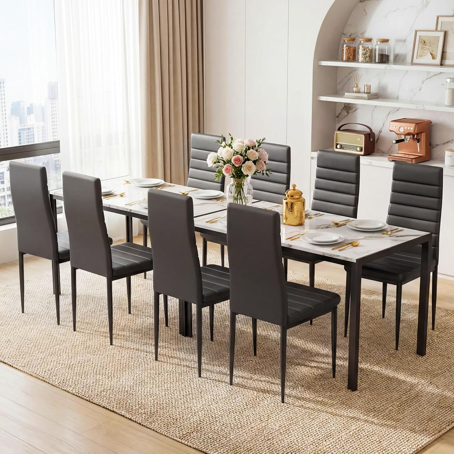 5-Piece Dining Table Set for 4 - Faux Marble Kitchen Table with 4 PU Leather Chairs, Metal Frame, Easy Assembly, Small Space Friendly, Modern White & Black Dining Room Set