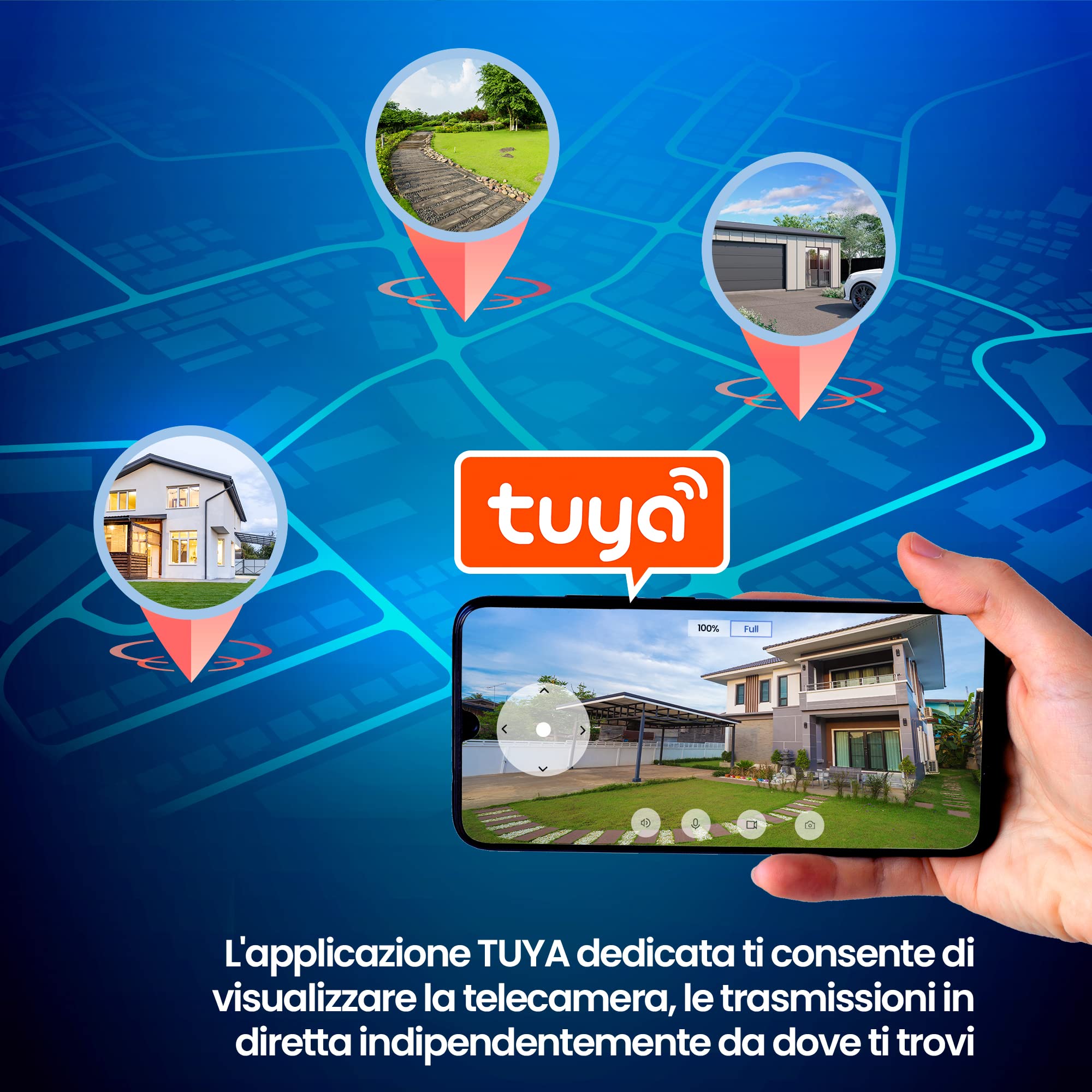 Videocamera sorveglianza esterno wifi, 1296p, PTZ, telecamera wifi esterno, IP65, Modalità notturna a colori, ampio angolo, camera wifi con tracciamento intelligente, scheda MicroSD fino a 128GB