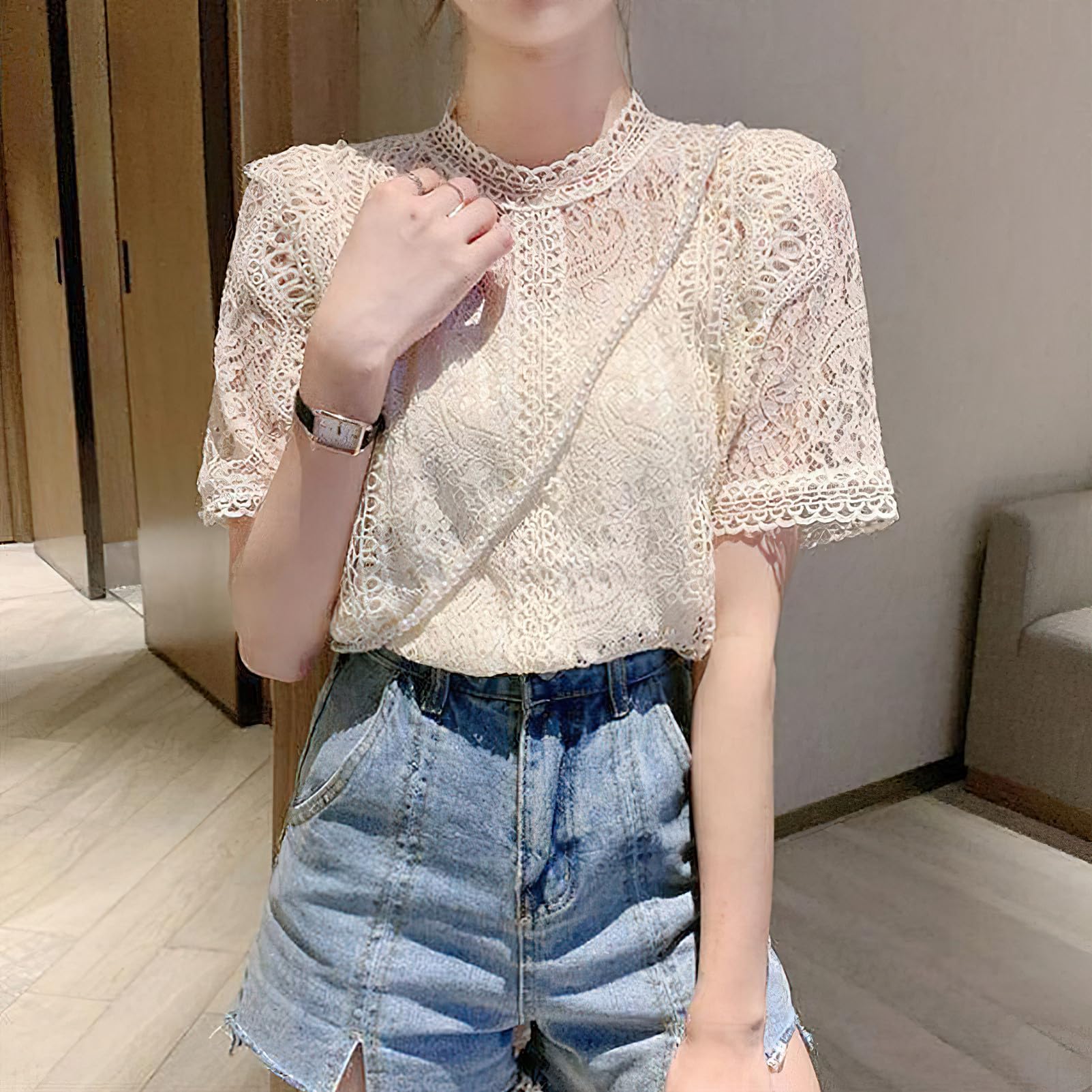 Camicia da donna in pizzo a maniche corte con scollo rotondo scava fuori elegante semi trasparente estivo