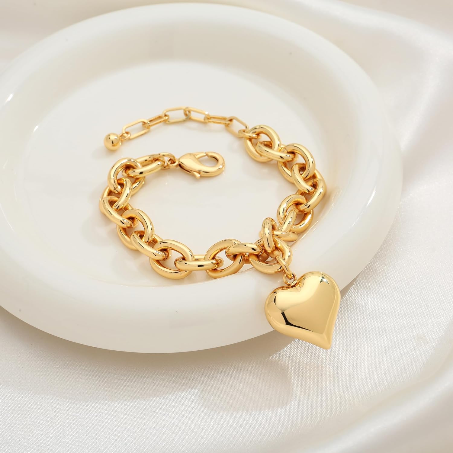 WOWORAMA Gold Heart Bracelets for Women Gold Chunky Link Chain Bracelet Puffy Heart Charm Bracelet Adjustable Thick Chunky Gold Bracelets - Image 7