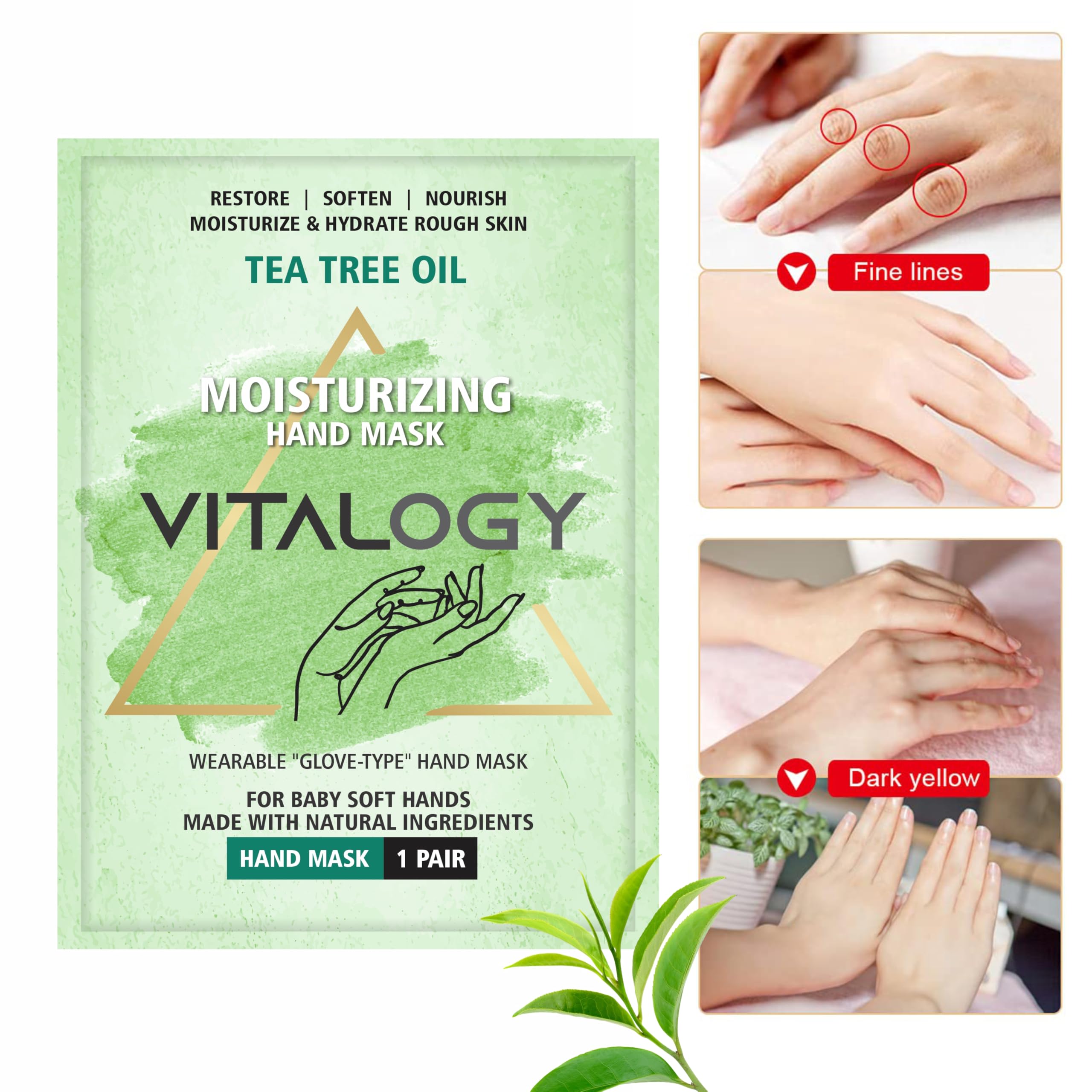 Vitalogy Moisturizing Hand Mask Gloves – 1 Pair | Hydrating Hand Gloves for Dry, Cracked Hands | Intense Repair for Rough Skin | Shea Butter & Hyaluronic Acid | Spa Treatment for Soft, Smooth Hands (1 Pair, Tea Tree) 1