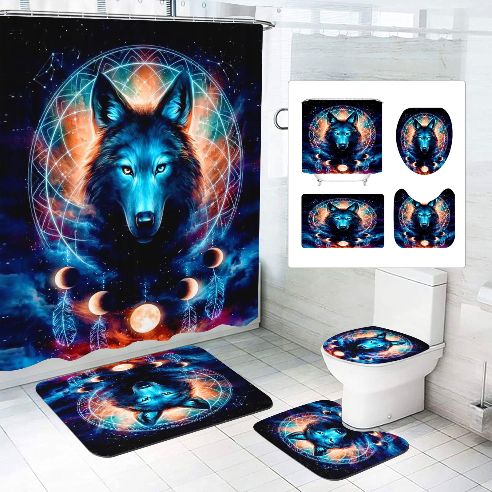 SMchwbc 4-Piece Wolf Shower Curtain Sets Forest Moon Wolf Shower Curtain 180 x 200 cm Wolves Textile Forest Animal Shower Curtains Polyester Bathroom Rug 4-Piece Set (200 x 240 cm (W x H), 1)