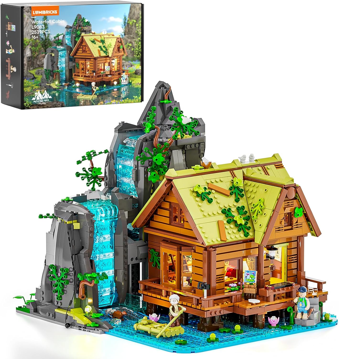 Waterfall-Cabin Lighting Building-Bricks Set - 2539 Pcs Retro Waterfall House Collection LED Light Set for Adults and Retro House Architecture Building Collectors