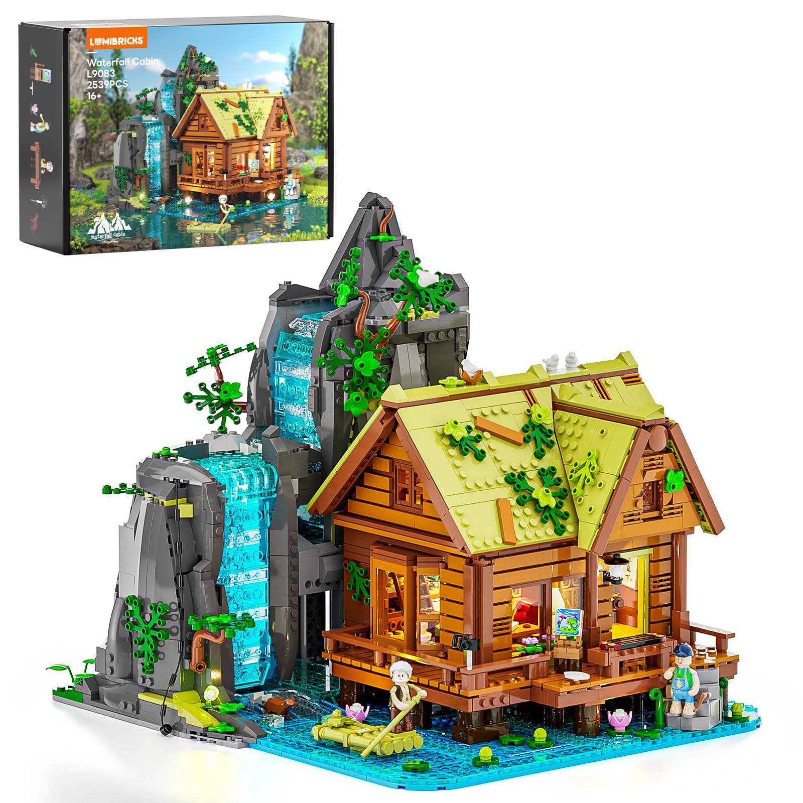 Lumibricks Waterfall-Cabin Lighting Building-Bricks Set - 2539 Pcs Retro Waterfall House Collection LED Light Set for Adults and Retro House Architecture Building Collectors