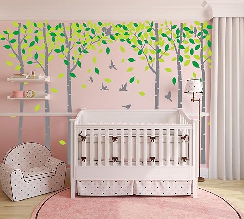 Miniatura 2 de MAFENT Calcomanías de pared de árbol genealógico gigante, calcomanías de pared de abedul de bosque, pájaros, arte de pared para habitación de niños,