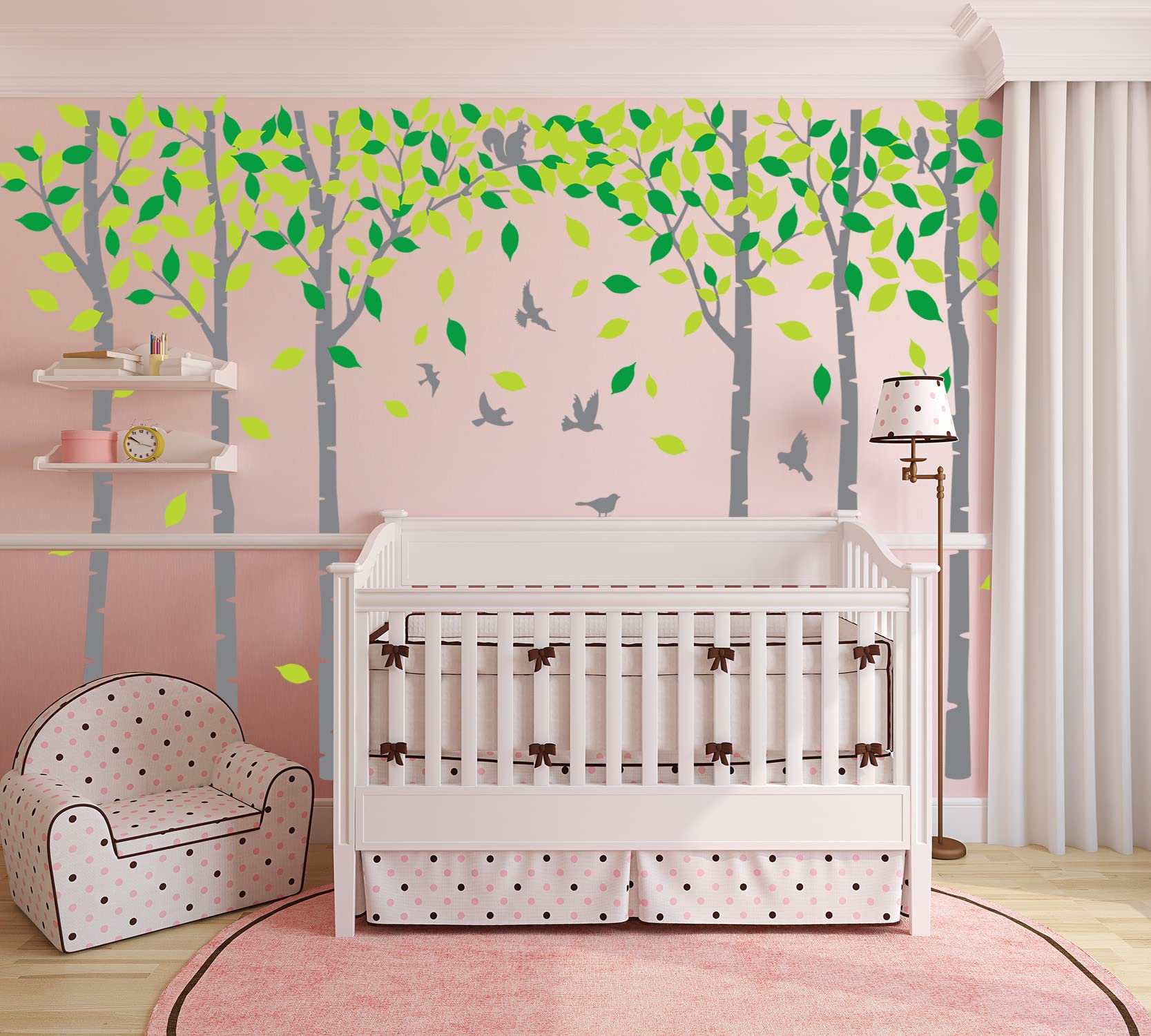 Sei adesivi da parete con albero di betulla, con uccelli, scoiattolo, foresta, albero, adesivo da parete, decorazione per camera dei bambini, camera da letto, soggiorno, aula (grigio, verde)