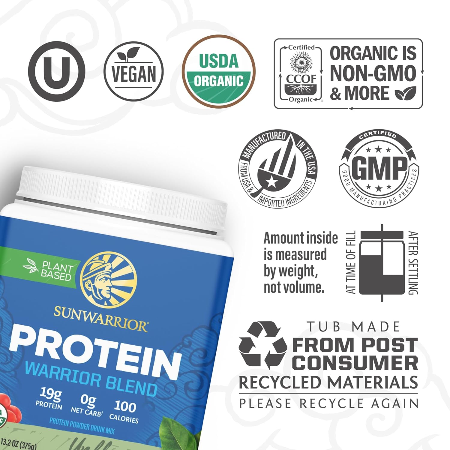 Sunwarrior Organic Plant Based Protein Powder | Vegan Organic Protein Powder Unflavored with BCAA Amino Acids & Hemp Seed Pea Blend | Non-GMO Soy Dairy Filler & Gluten Free (Unflavored, 15 Servings) - Image 3
