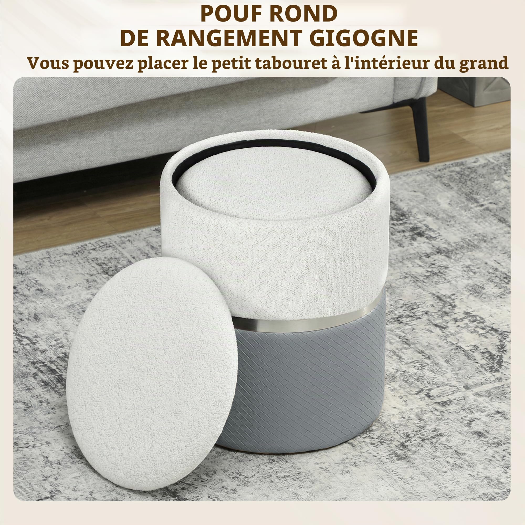 HOMCOM Lot de 2 poufs de Rangement, Gris et crème