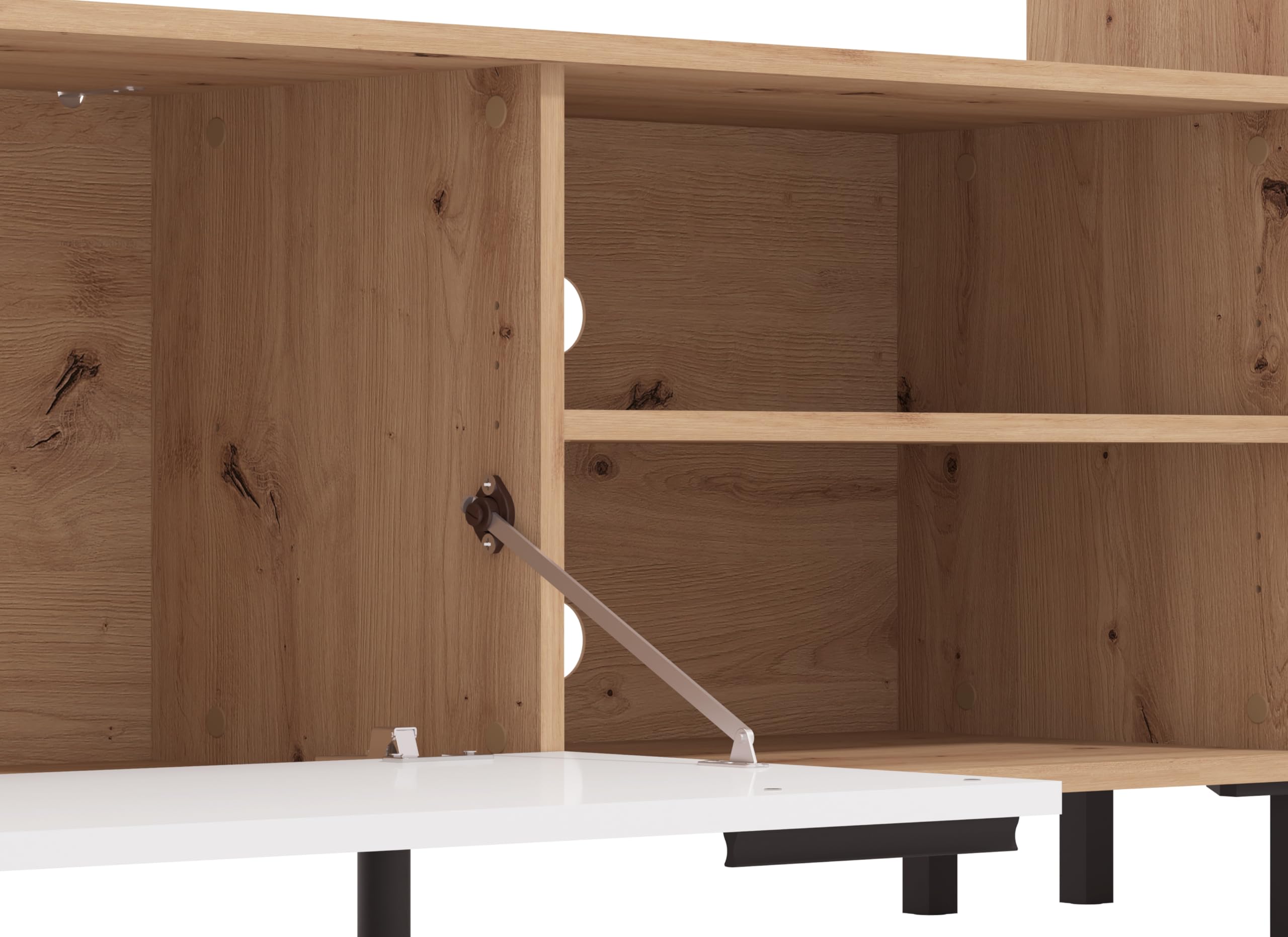 AVANTI TRENDSTORE - Austis - Parete attrezzata in legno laminato nel colore quercia Artisan/bianco lucido con tanti vani aperti, 4 ante e 1 mensola a muro. Dimensioni LAP ca. 279x192,5x38cm