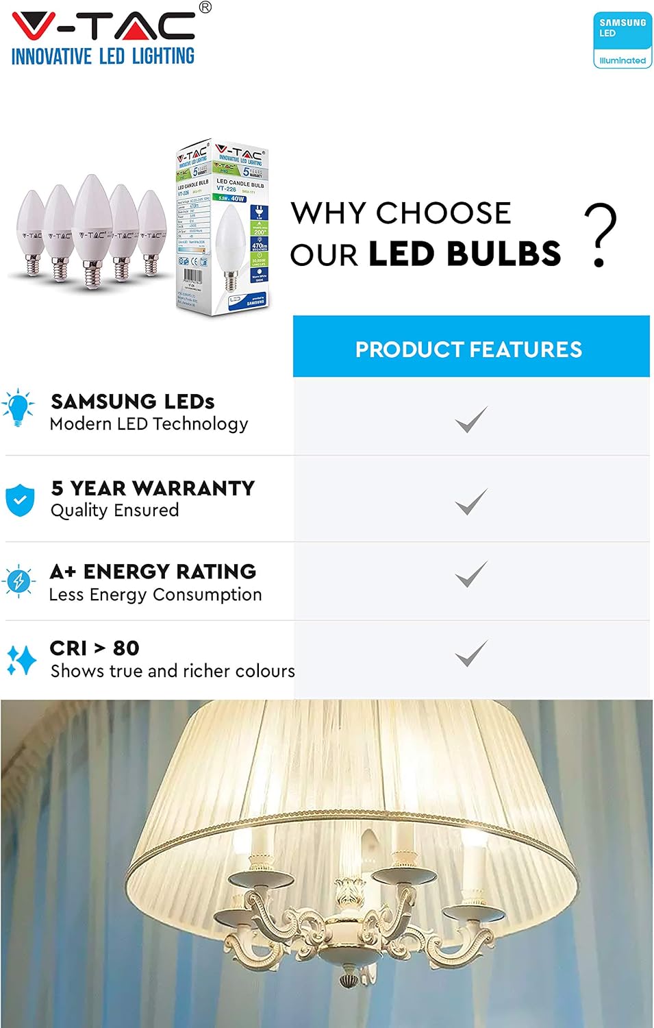 V-TAC E14 LED Candle Bulbs, Warm White, 5 Count (Pack of 1) - Image 3