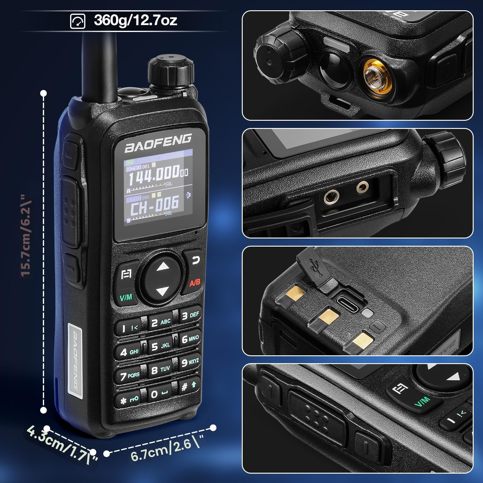 BAOFENG UV-28 PLUS Radio amatoriale navigazione GPS 10W, programmazione tramite app, ricevitore radio bidirezionale a doppia banda a lungo raggio, 1000 canali, display 1,77'', 2200 mAh batteria