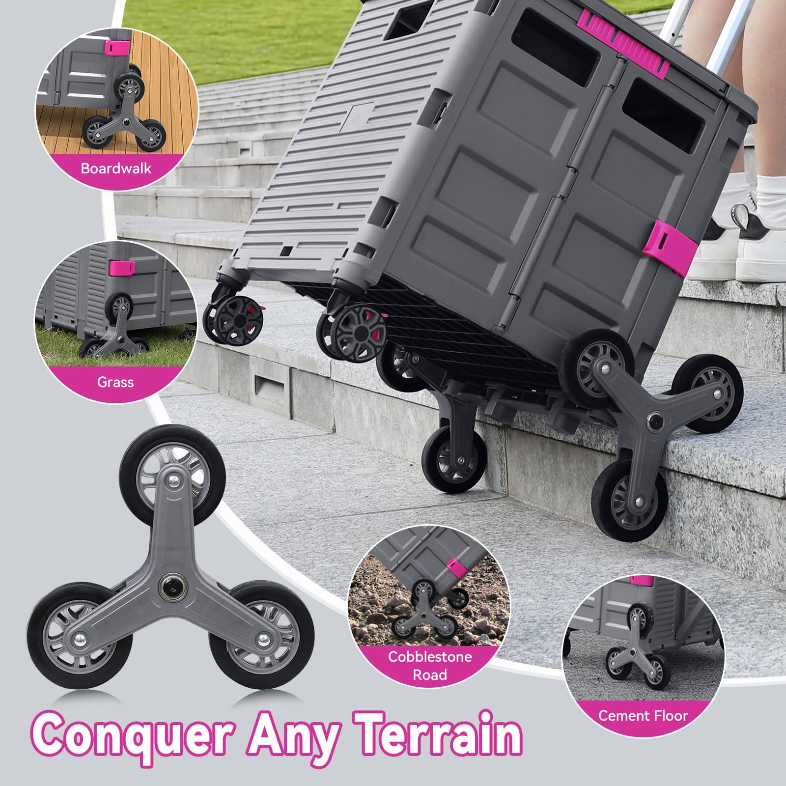 Carrello Della Spesa Pieghevole Carrello Portatile Pieghevole con Ruote per Scalinate e Coperchio Magnetico Capacità di 80 Kg, Cassetta Rotante per Campeggio, Pesca e Stoccaggio Attrezzi -Grigio U