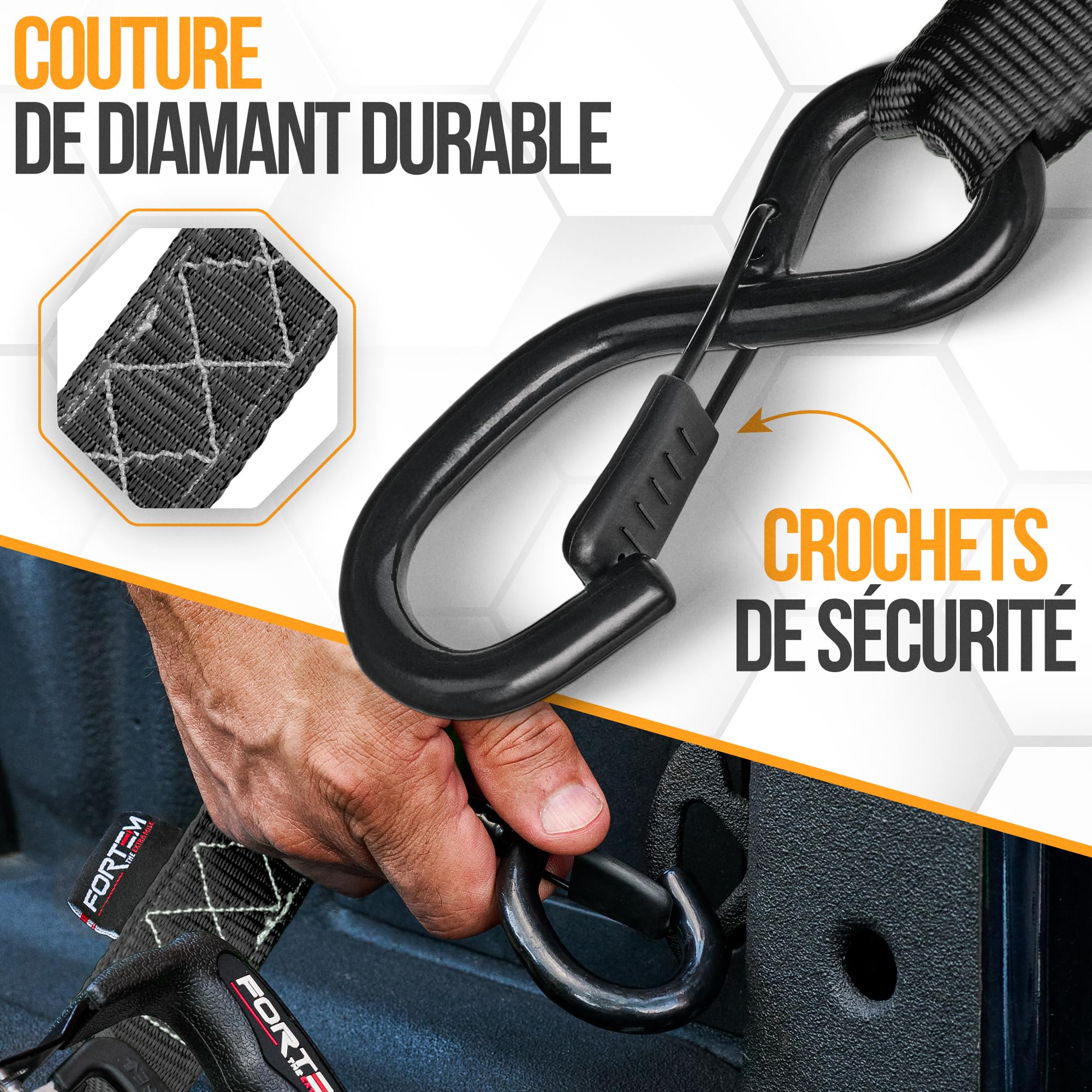 FORTEM Sangle a cliquet, Sangles d'arrimage à cliquet 4x4,5 m (Résistance 2362 kg), Sangle demenagement, Moto, remorque, Camion, 4 Boucles Souples, Crochets Métal Enduit, Sac inclu
