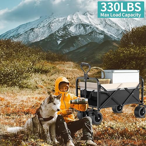 Miniatura 6 de Carro plegable plegable de 330 libras, carrito de playa resistente para arena con ruedas grandes, mango ajustable y soportes para bebidas para