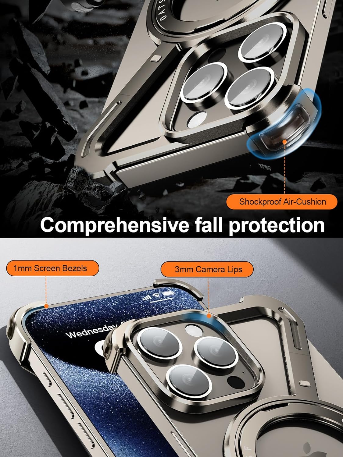 Z Case Natural Titanium for iPhone 16 Pro Max Phone Case,Frameless with Stand,360°Rotating Magnetic Kickstand Ring Protective Case,Slim Shockproof Bumper Cases for iPhone 16 Pro Max