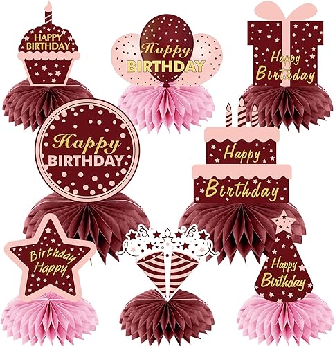 Decoraciones de cumpleaños color burdeos, centros de mesa de panal para mujeres y niñas, color burdeos, rosa y dorado, centros de mesa de feliz