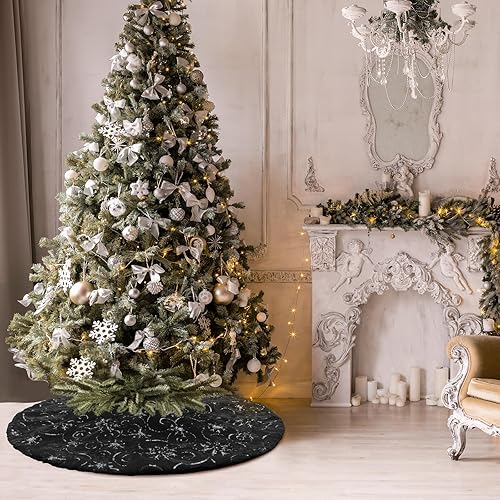 Vista 170 de Faldones de felpa para árbol de Navidad, 36 pulgadas, tapete de lujo de piel sintética blanca nevada con copos de nieve dorados para decoración