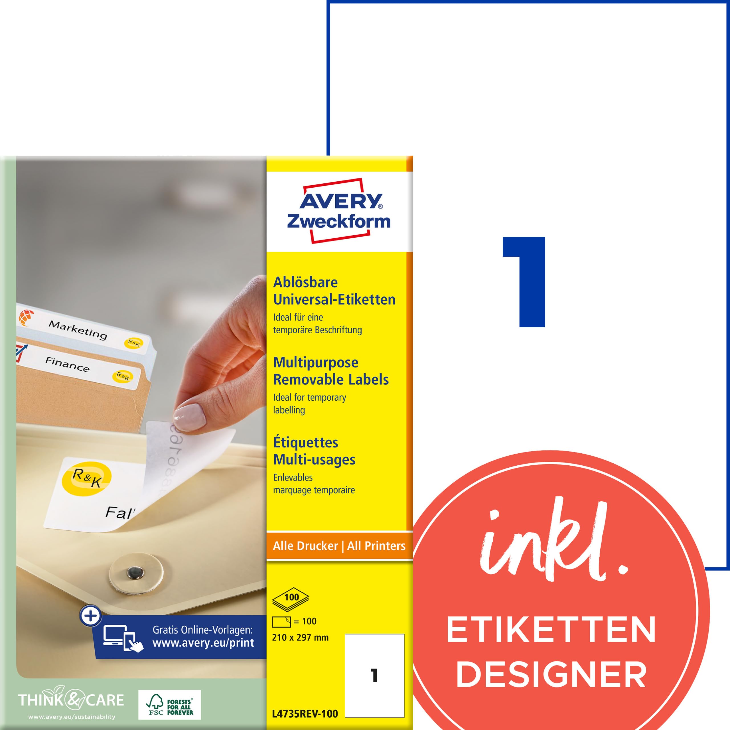 AVERY Zweckform L4735REV-25 Universal Etiketten (25 plus 5 Klebeetiketten extra, 210x297mm auf A4, wieder rückstandsfrei ablösbar/abziehbar, bedruckbar, selbstklebende Aufkleber) 30 Blatt, weiß
