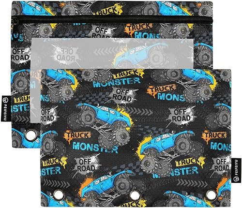 Emelivor Estuche para lápices de neumáticos Monster Truck para carpeta de 3 anillas, paquete de 2 bolsas de gran capacidad con cremallera, estuche