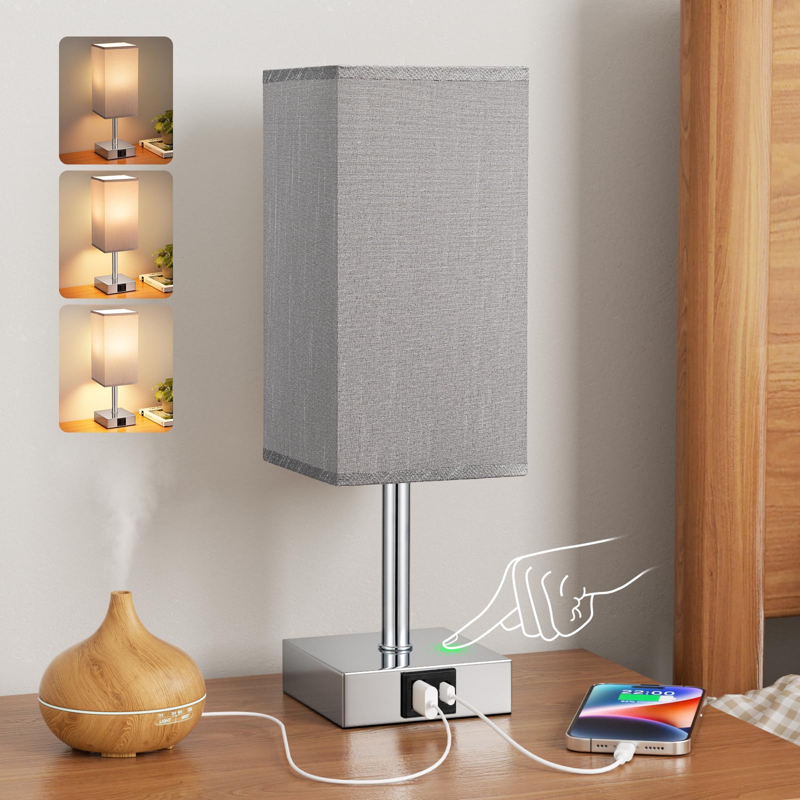 Aooshine Grey Bedside Lamp, Small Lamps with Square Fabric Shade,Silver Base(Bulb Included), B-grey