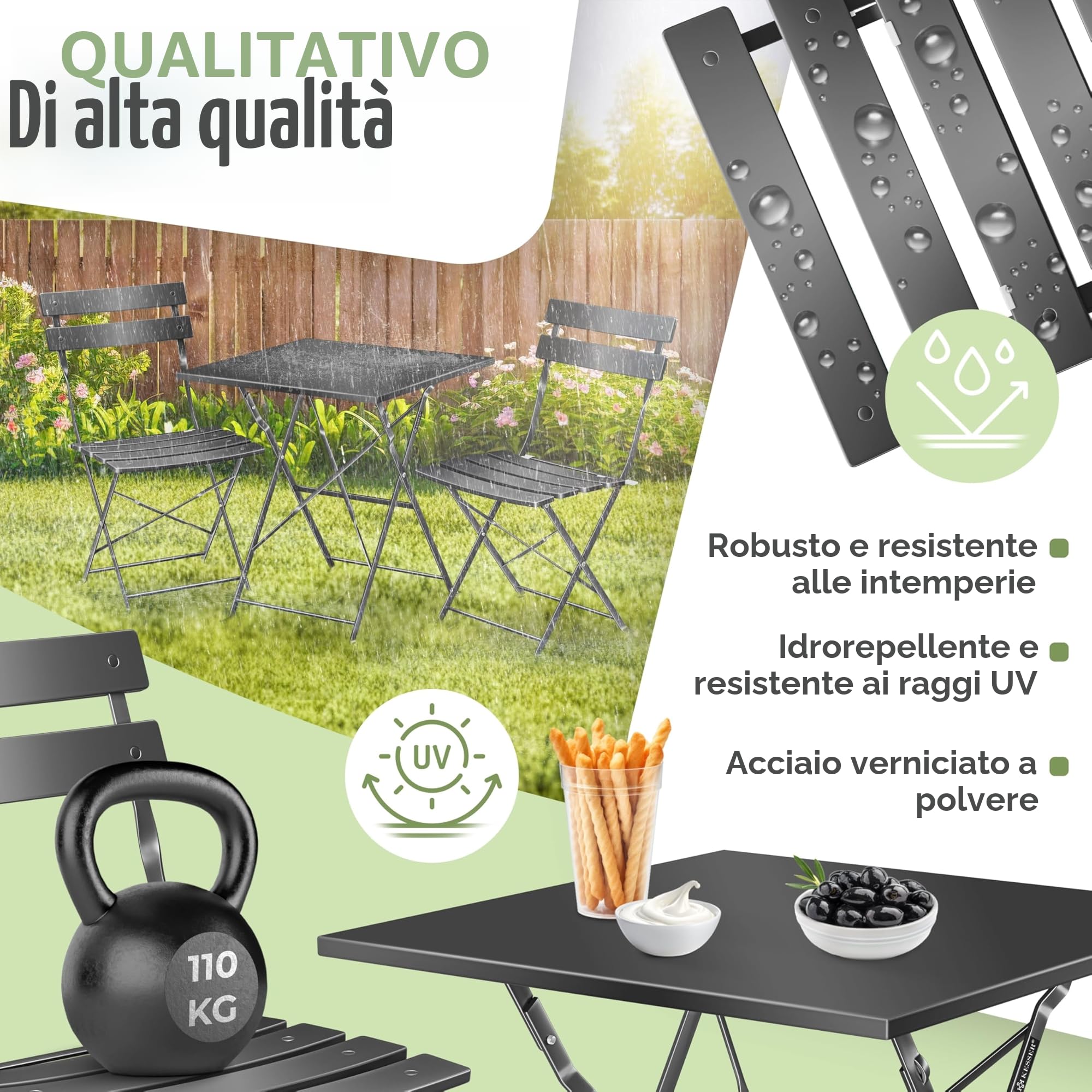 KESSER® Set da bistrò, 3 pezzi, con tavolo da bistrot e 2 sedie pieghevoli, mobili da giardino esterni, resistente ai raggi UV e alle intemperie, set da balcone