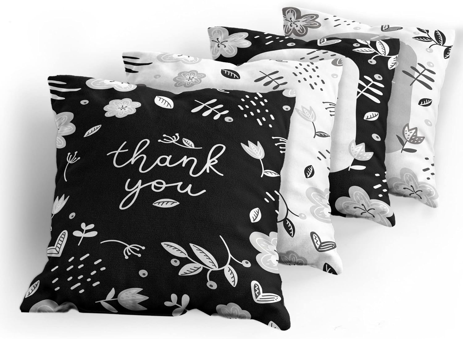 Ambesonne Thank You Throw Pillow Cushion Case Pack of 4, Modern Hand Written Curlicue Lettering Sketchy Spring Floral Berries, Modern Accent Double-Sided Printing, 20" x 12", Charcoal Grey and White