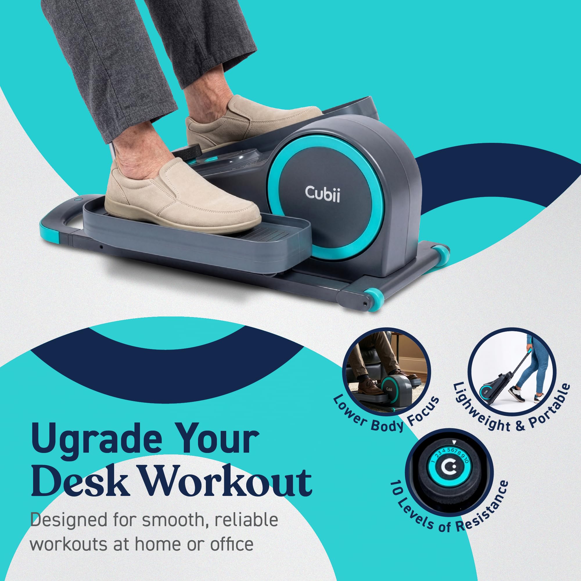 Cubii GO – Pedale ellittico da tavolo per bicicletta, con schermo LCD per fitness tracker, resistenza regolabile, lavoro da casa, ruote integrate e manico espandibile portatile