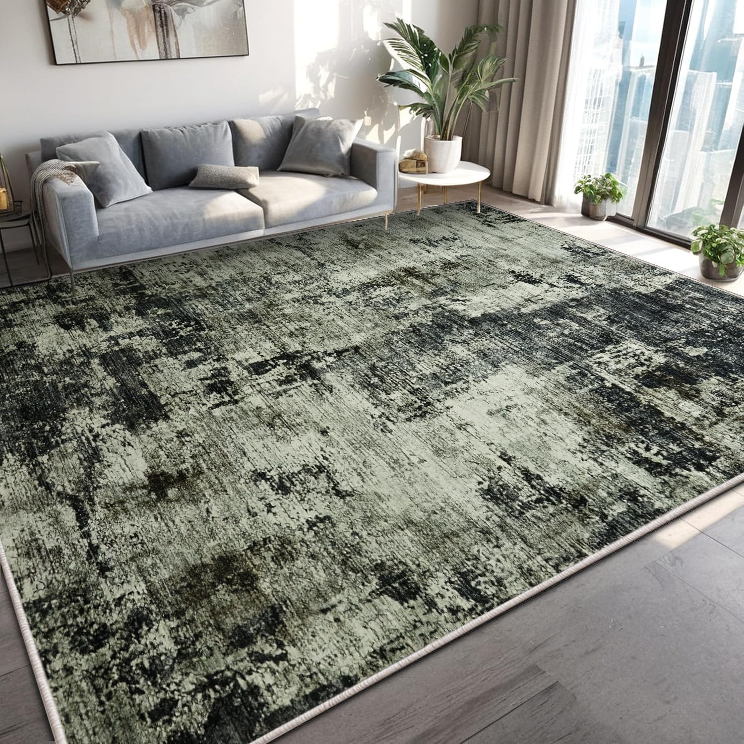 MOONLIGHT20015 Washable Rugs Living Room Large 240x320 cm - Fluffy Vintage Area Rugs for Bedroom - Non Slip Low Pile Soft Boho Rug Carpets for Lounge - Traditional Rug for Dining Room, Frost