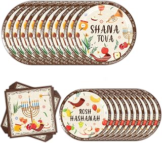 48PCS Rosh Hashanah Disposable Plates and Napkins Sets - Jewish New Year Decorations for Dinner Party