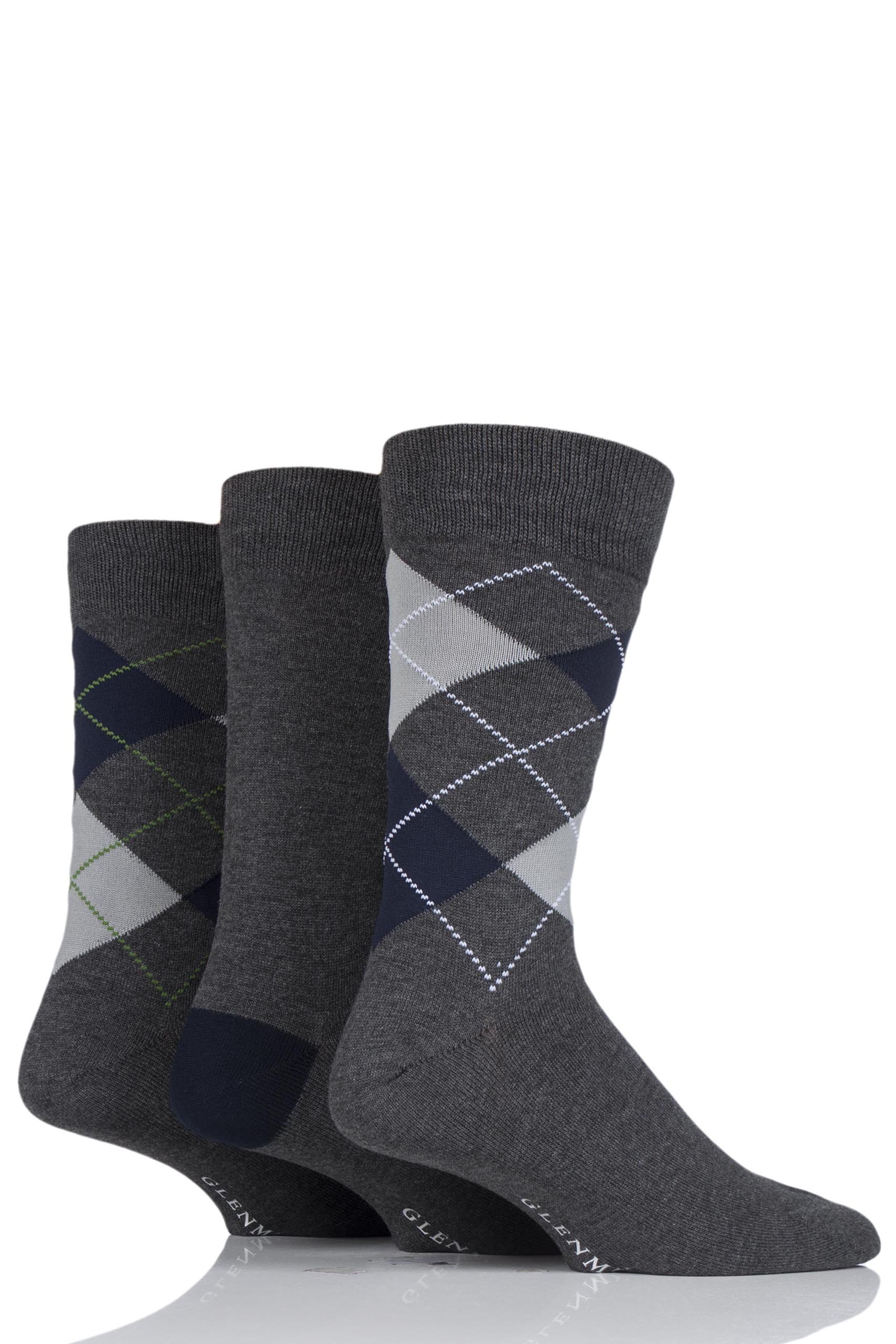 Glenmuir Men's Charcoal 3 Pair Classic Bamboo Argyle Socks 7-11