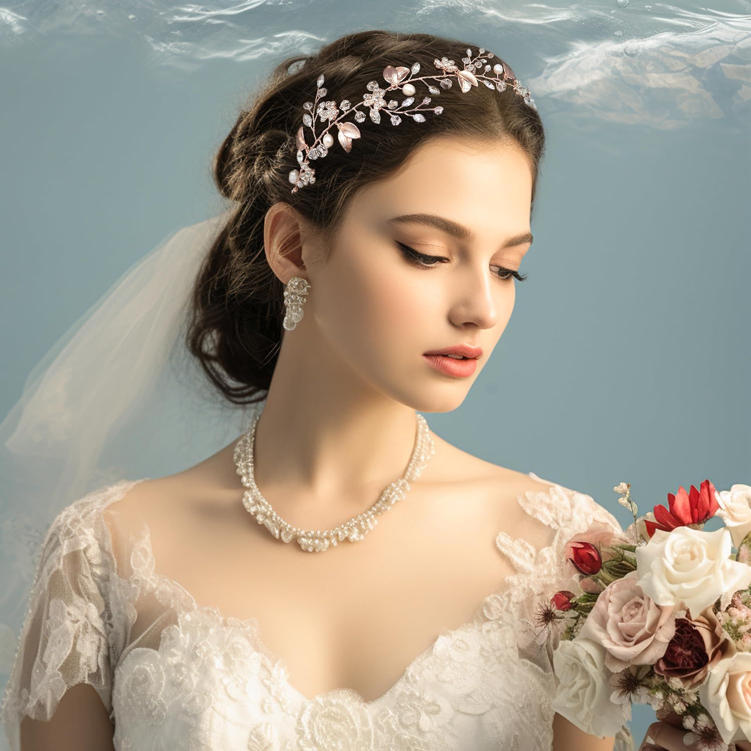 Oriamour Bridal Headpiece Wedding Crystal Headband With Leaves and Freshwater Pearl Hair Accessories For Bride Flower Girl (Rose Gold) - Image 7