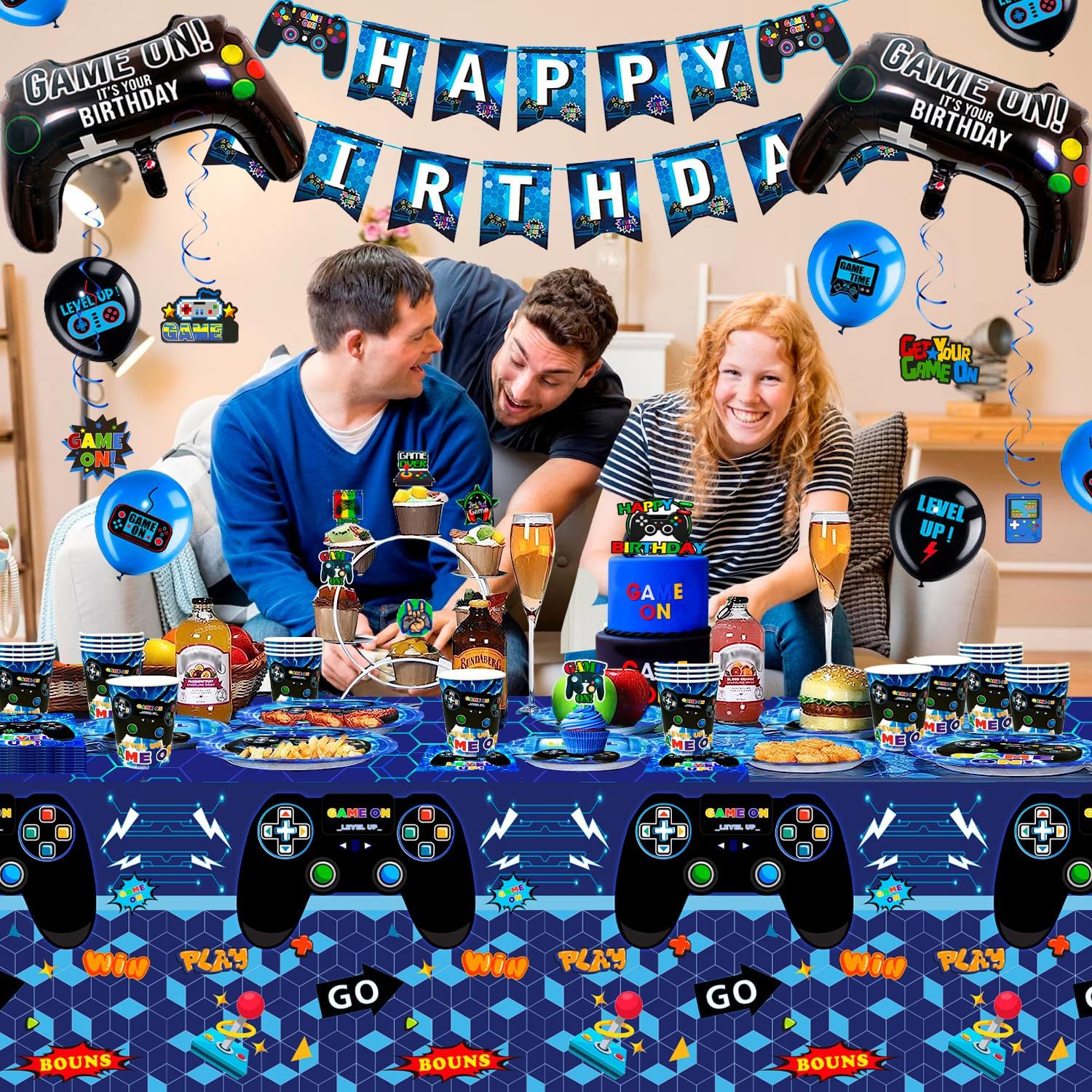 Video Game Birthday Party Decorations, 16 Guests Video Games Party Tableware Supplies Set, Video Game Party Plates Cups Napkins Tablecloth Banner Balloons etc