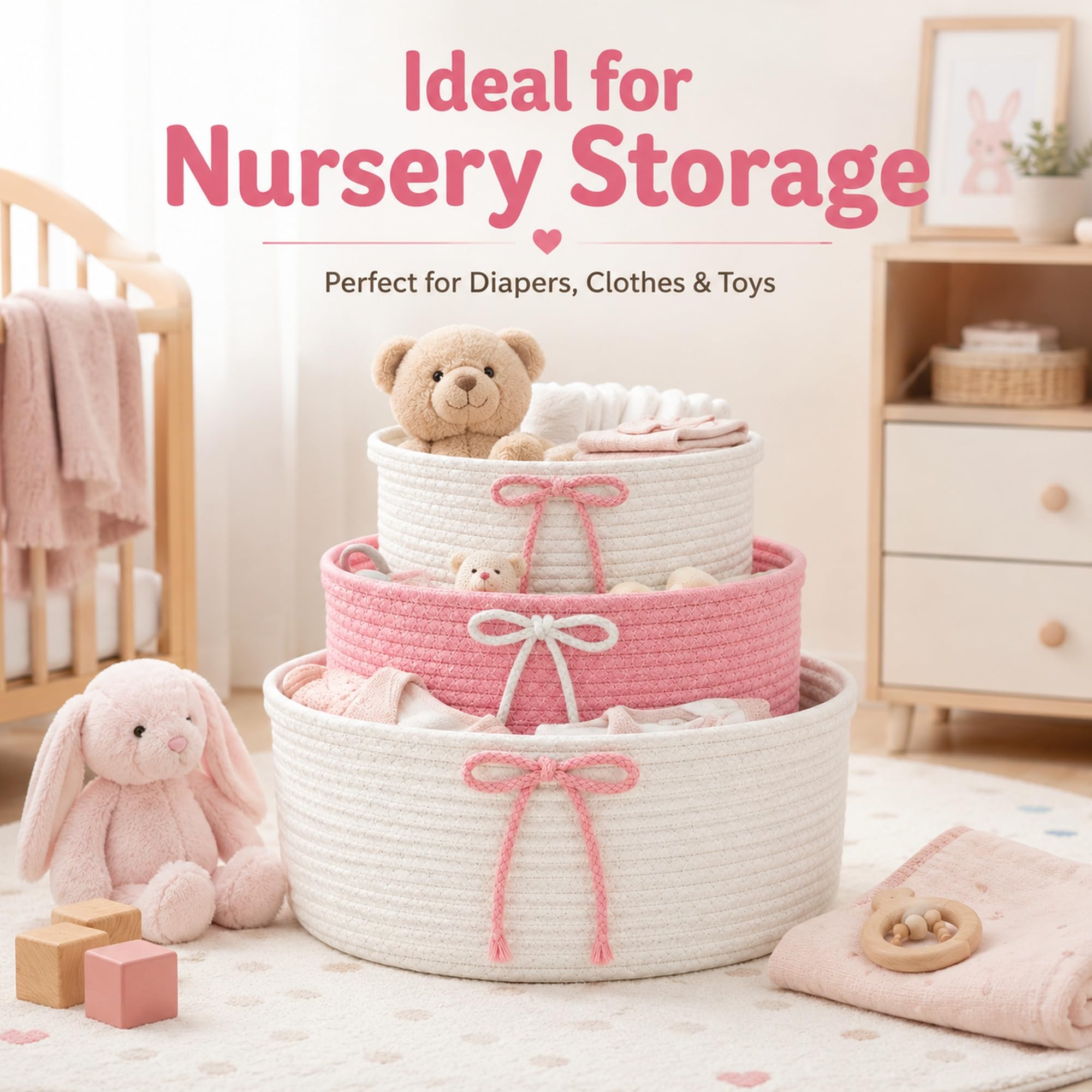 Set di 3 cestini intrecciati con manico, rosa, 3 misure, per decorazioni, organizzazione, bagno, camera dei bambini, soggiorno