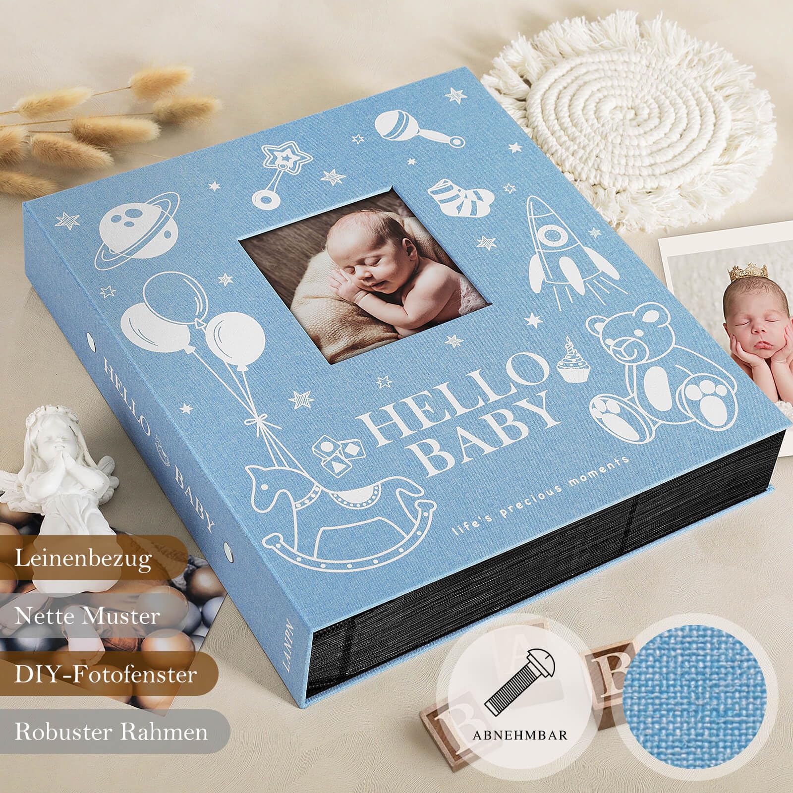 Lanpn Baby Fotoalbum 10x15 600 Fotos, HELLO BABY Leinen Baby Fotobuch Einsteckalbum Babyalbum Erinnerungsbuch Babybuch für 1. Geburtstag Junge Neugeborenes Kinder Mein Erstes Bebe (Blau)