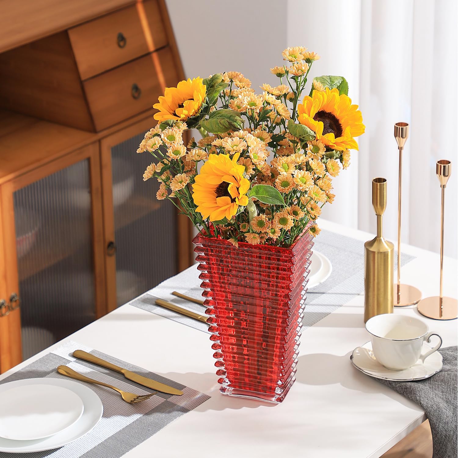 MCMCNCUIU Crystal Glass Vase, Large Crystal Vases for Flowers, Large Flower Vase, Red Modern Vases for Living Room, Bedroom, Kitchen, Dining Table, Mantle, Wedding, 11 Inches - Image 6