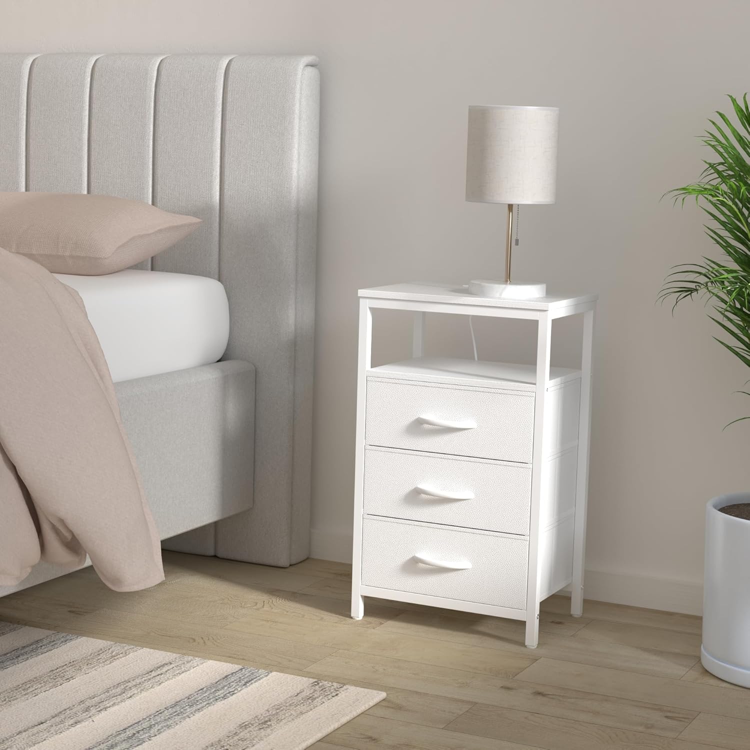 Huuger Nightstands Set of 2, 27.6 Inch End Tables with Charging Station, Bedside Tables with Drawers, PU Leather Finish, USB Port and Outlet, Night Stands for Bedroom, White 11.8"D x 15.7"W x 27.6"H (3 Drawers) White 2