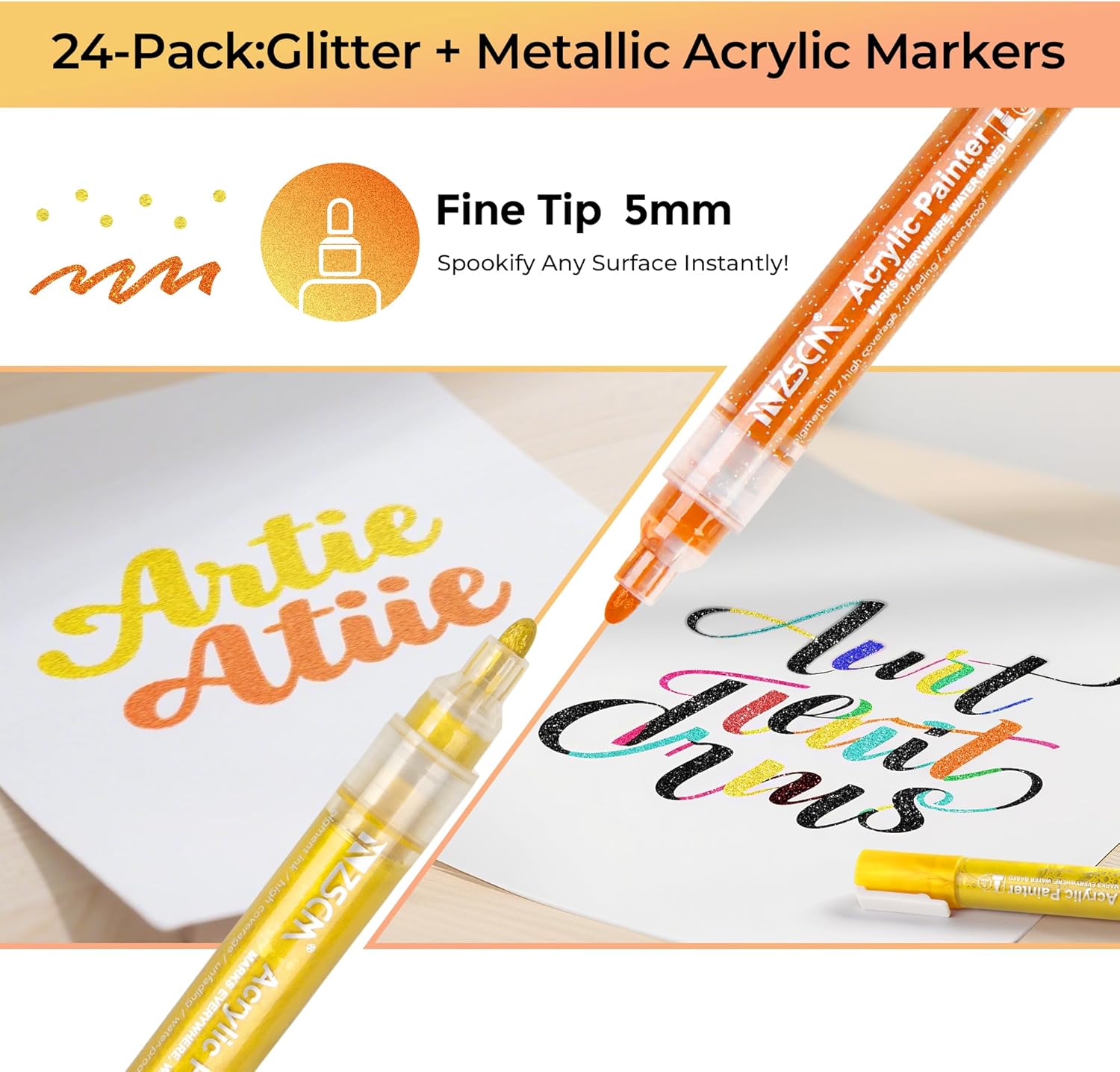Paint Pens Acrylic Markers, ZSCM 24 Colors Paint Markers for Halloween Pumpkin Painting Kit, Glitter & Metallic Art Marker, for Adults Card Making, Rocks Painting, Wood Slices, Pumpkin Decoration