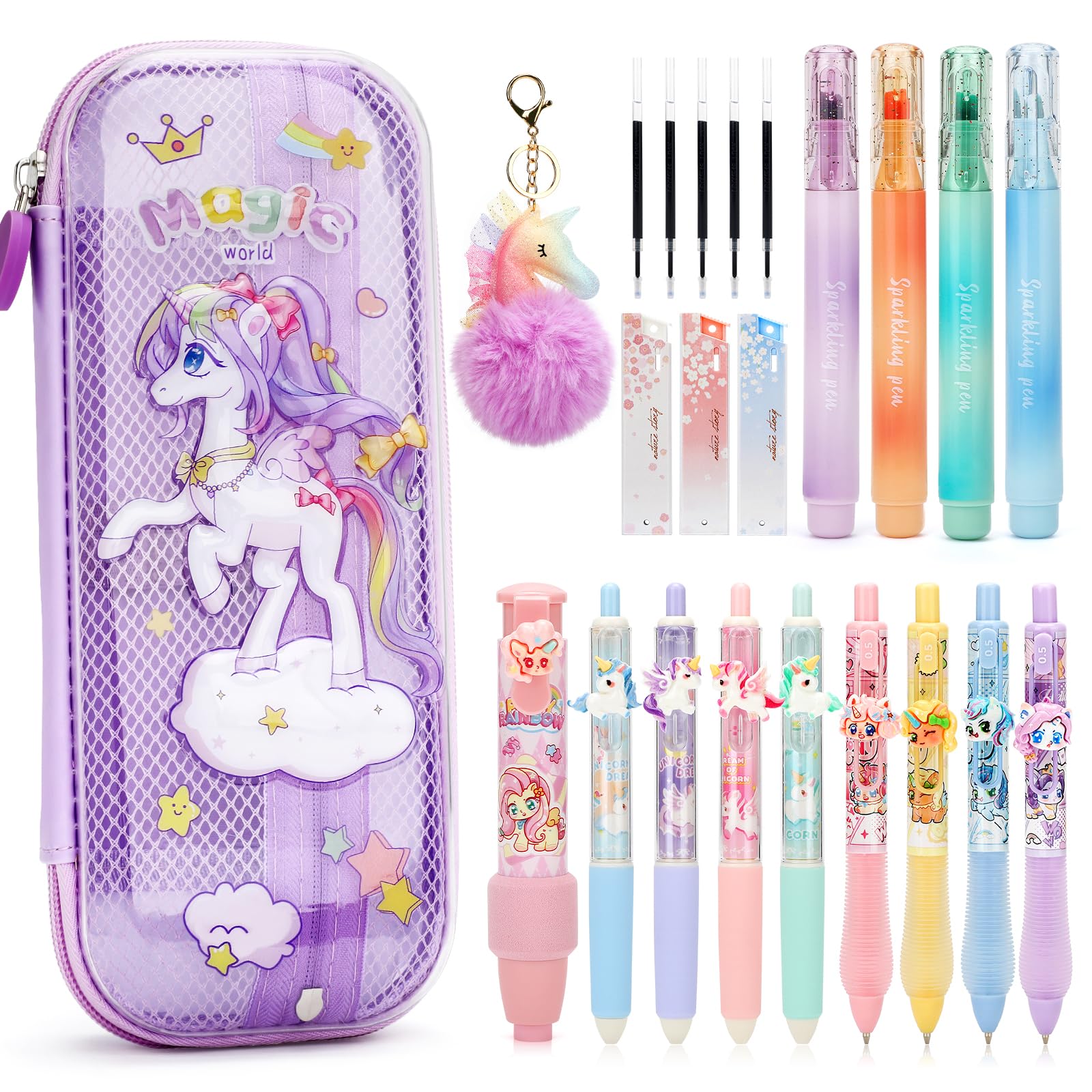 SKAMORI 20+ Piezas t Set Papelería Unicornio Niñas con Estuche Escolar, 4 Resaltadores Pastel| 4 Boligrafos Gel | 4 Portaminas 0.5, Unicornio Regalo para Niñas 4 5 6 7 8 9 Años, Violeta