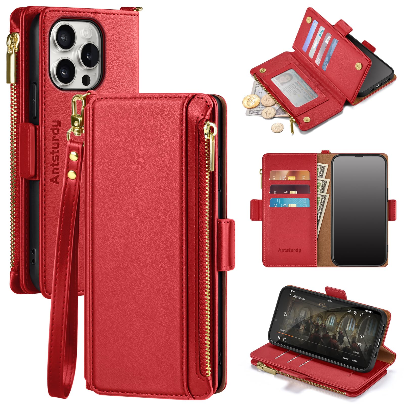 Antsturdy Compatible with iPhone 16 Pro Max Wallet Case,RFID Blocking PU Leather Phone Case Women Men Kickstand flip Cover Wrist Strap Zipper Credit