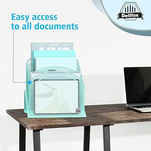 Vista 30 de Organizador de archivos de escritorio inclinado, soporte vertical de 5 secciones, soporte de metal clasificador de archivos para oficina y aula