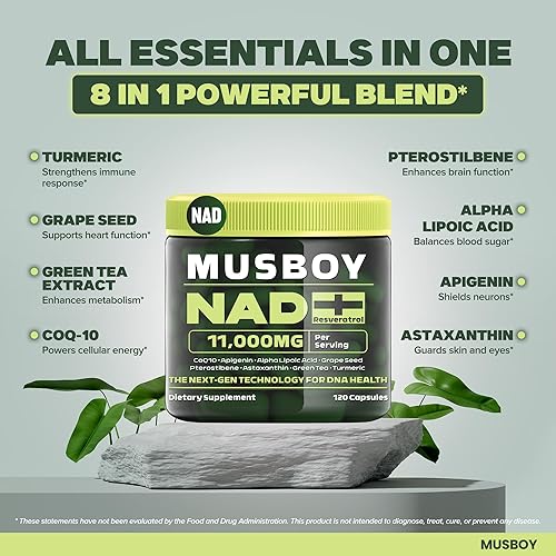 Miniatura 5 de Suplemento NAD+, 11000 mg de resveratrol y quercetina, alternativa para antienvejecimiento, energía celular, 120 cápsulas