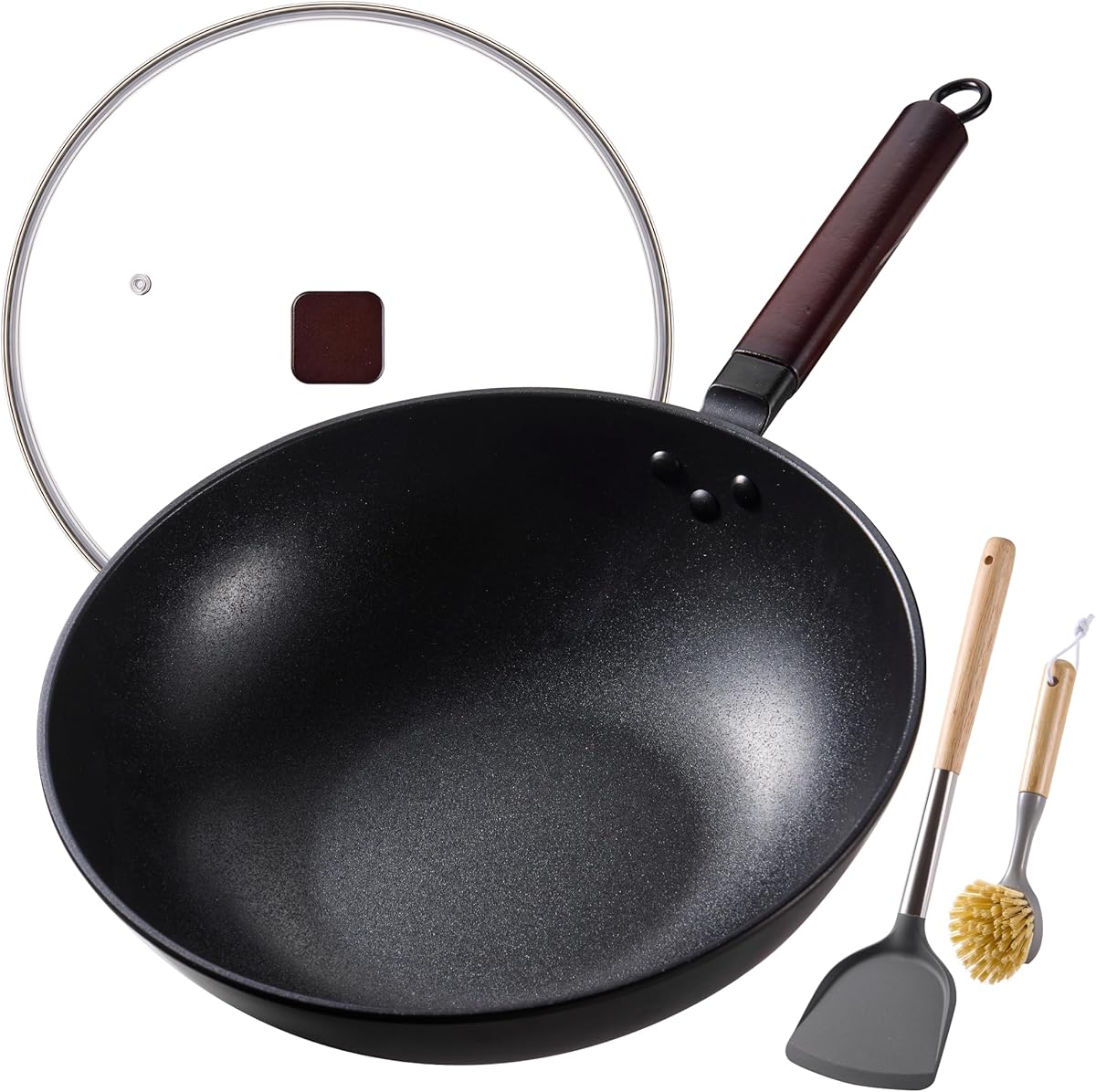 Teewe Carbon Steel Wok -13 Inch Woks & Stir-fry Pans Nonstick, Wok Pan with Glass Lid Spatula and Dish Brush: Pre-Seasoned Flat Bottom Chinese Wok for Induction, Electric, Gas, All Stoves
