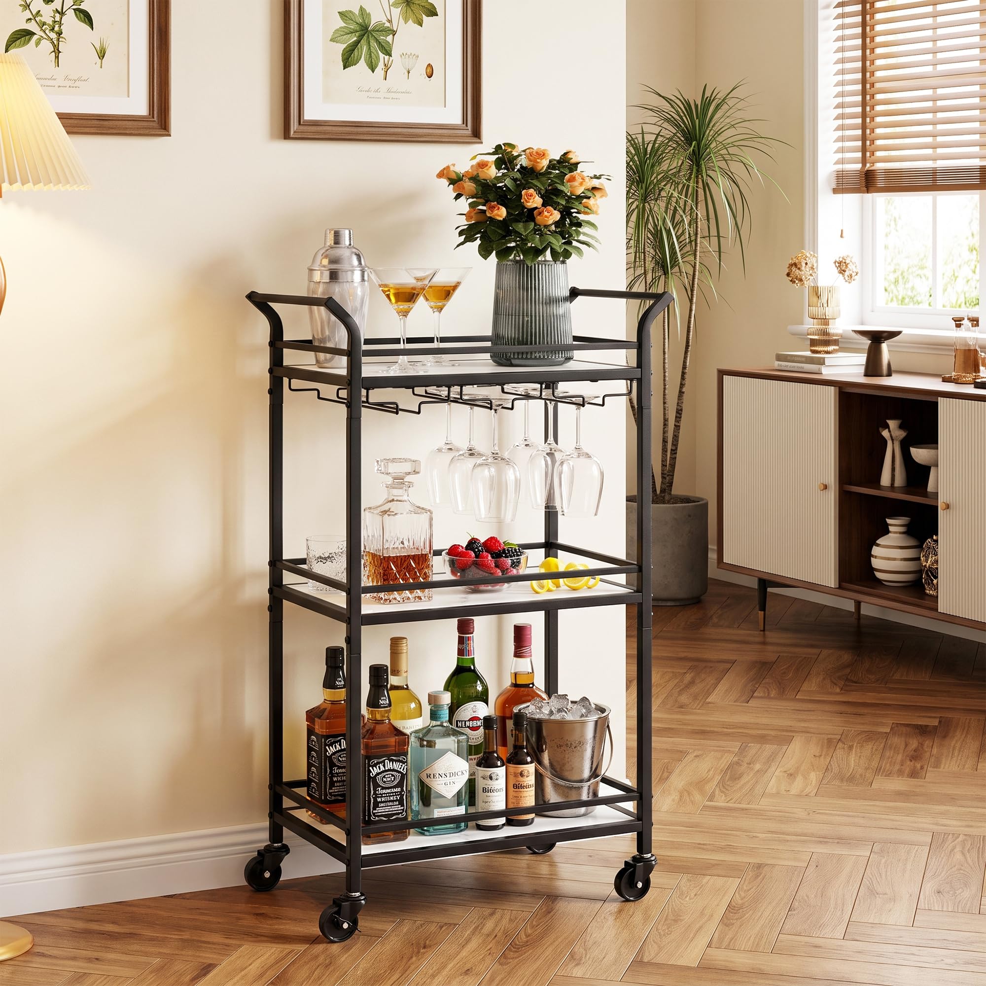 VASAGLE Bar Cart, 3-Tier Shelf, Wine Holders, Glass Holders