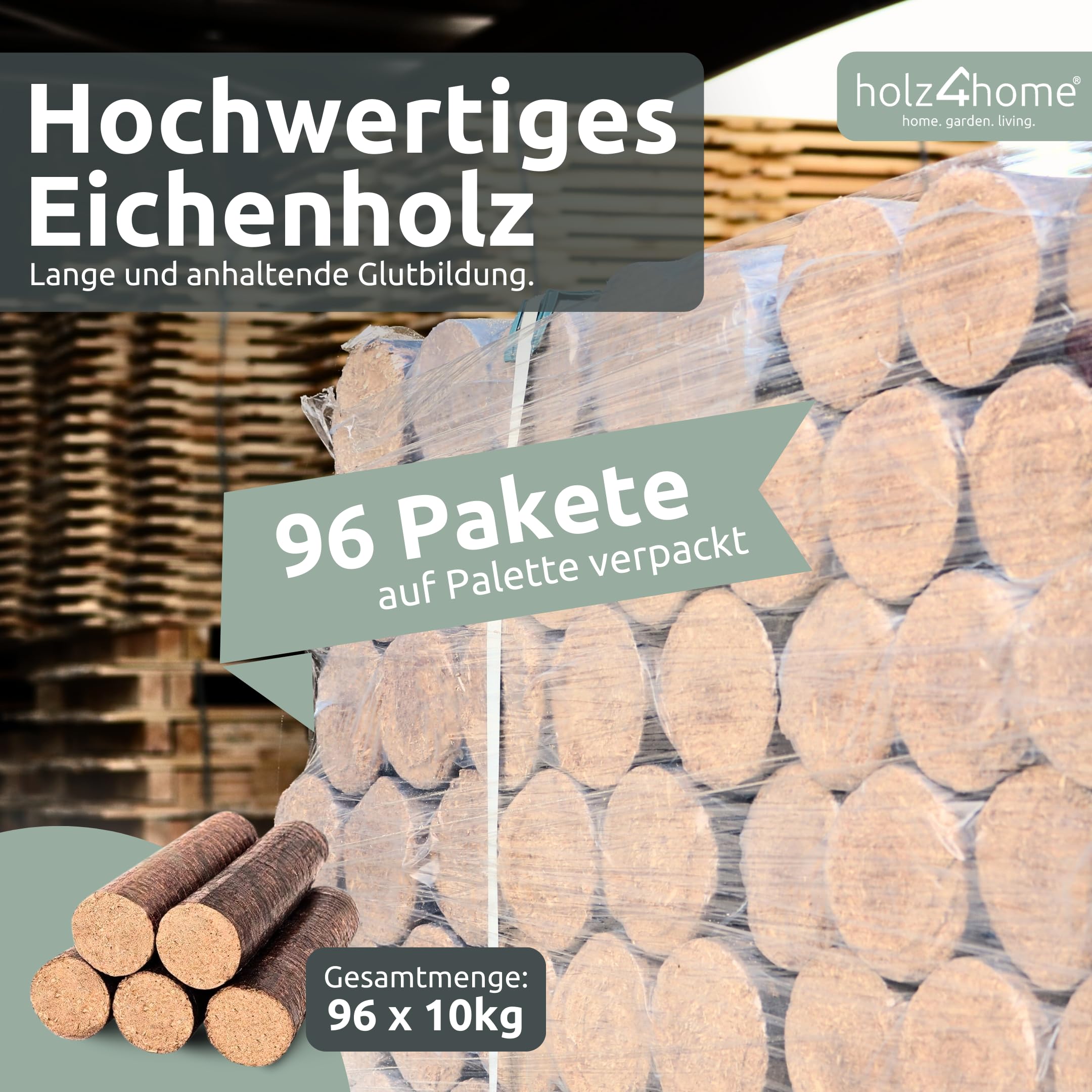 holz4home® Hartholz-Eichenbriketts I Holzbriketts 960 kg auf Palette I Brennholz als Winter Vorrat I Kaminholz Briketts I Ideal für Heizen mit Ofen Kamin
